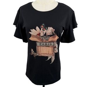 Vinizbena M T Shirt Black Mixed Media Paris Rhinestone Flutter Sleeve Artsy Tee